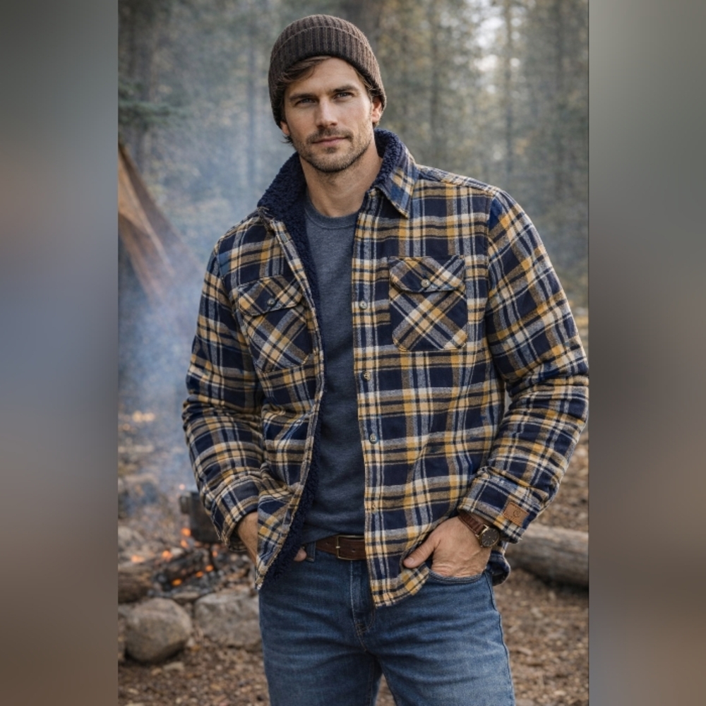 Cloudveil Outdoor Sherpa Lined Plaid Flannel Shirt Black Gold XL